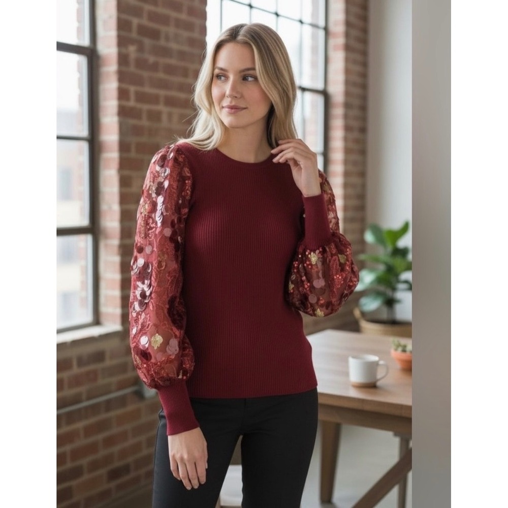 Sioni Milano Sequin Sleeve Top Ribbed Knit Top Party Long Sleeve Woman's  XS